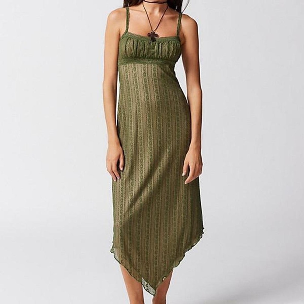 Cider Forest Moss Green Lace Maxi Midi Spaghetti Strap Dress
